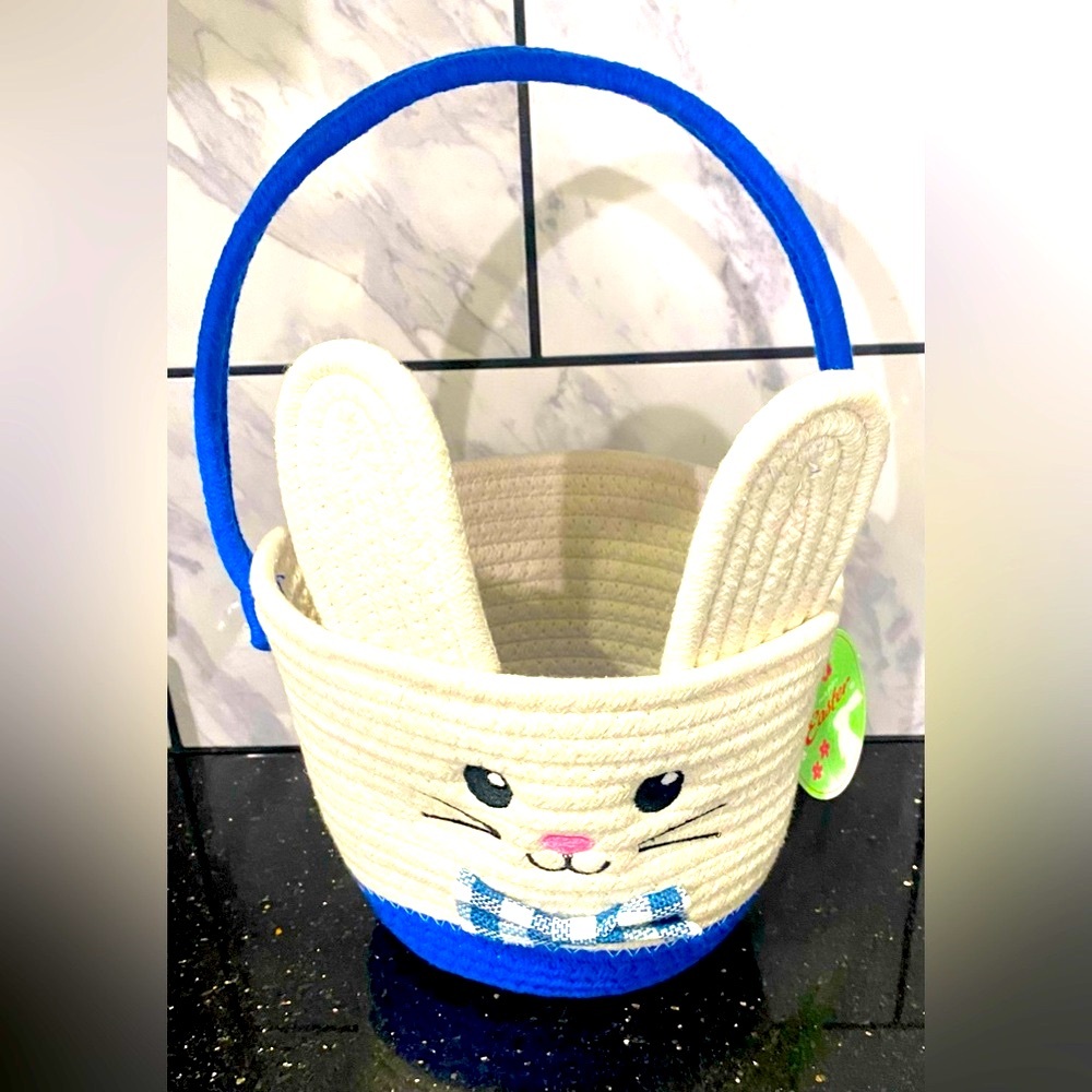 Dan Dee Blue Ears Rope Easter Bunny Egg Handle Basket Holiday Container Decor